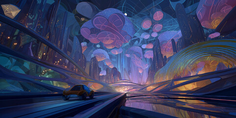 Drive into tomorrow's vibrant city with futuristic architecture and a glowing skyline, an inspiring journey ahead