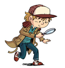 Boy detective observing with a magnifying glass, isolated drawing