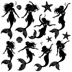 silhouette vector set of elegant mermaids in various graceful poses