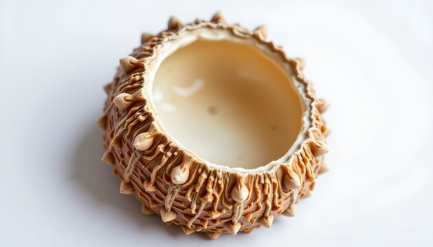 A single, whole coconut shell that has been meticulously carved to resemble an edible confectionery item
