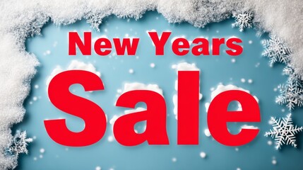 New Years sale promotional graphic featuring bold red text on a frosty blue background with snowflakes, creating a festive atmosphere for holiday shopping and seasonal discounts