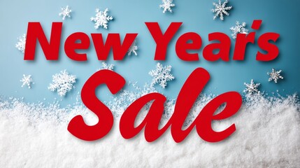 New Years sale promotional design featuring bold red text against a winter-themed background with snowflakes and soft white snow, creating a festive atmosphere for holiday marketing campaigns