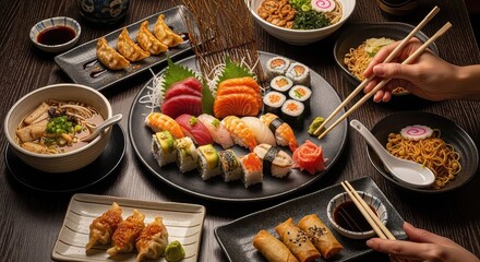 A lavish spread of various Japanese dishes including sushi, sashimi, ramen, gyoza, and spring rolls on a dark wooden table, with hands using chopsticks.