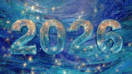 Glowing, translucent numerals depicting the year twenty twenty six float above a swirling blue background