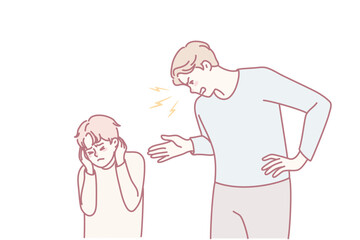 Angry father scream scold small unhappy kid covering ears from aggression. Mad aggressive parent lecture shout at unhappy little son, avoiding domestic violence. Vector illustration.