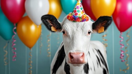 Playful cow wearing colorful party hat, surrounded by vibrant balloons in a festive atmosphere, celebrating a joyful occasion with cheerful decorations and a whimsical vibe