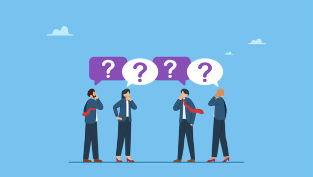 Diverse business people employee ask questions with question mark signs. Ask questions for help or solution, confusion, doubt or query for answer and information, business discussion to solve problem.
