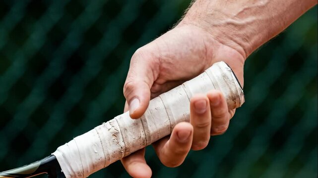 Firm Grip on Victory: Tennis Player's Hand Gripping Racket Tightly, Holding a Tennis Racket Handle with Confidence and Strength for a Powerful Swing