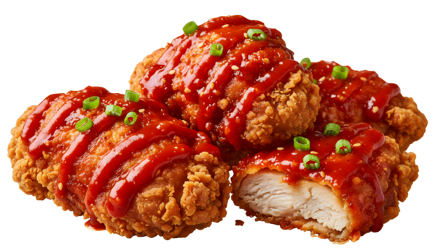 Crispy fried chicken nuggets drizzled with spicy red sauce and green onions