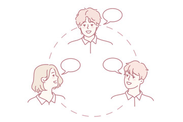 Businesspeople in circle communicate with each other. Smiling employee or workers involved in etambuilding or brainstorming. Teamwork and cooperation. Vector illustration.