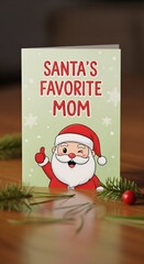 Santa's favorite mom, cute greeting card on table