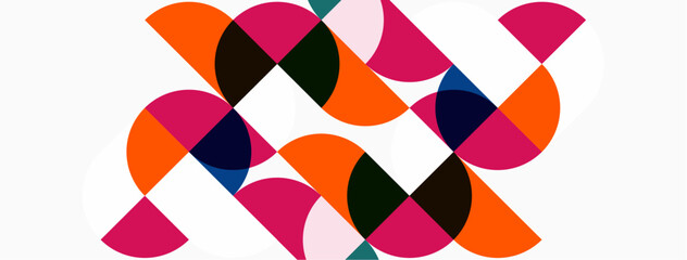 Abstract geometric pattern. Overlapping circles create dynamic composition. Pink, orange, navy colors dominate white background. Modern design.
