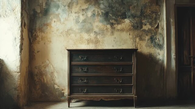 Video A vintage dresser with drawers open in a neglected room