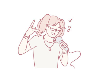 young person singing into microphone, sketch-style line art of aspiring pop singer practicing karaoke in cozy bedroom, ponytail and glasses, enthusiastic rock hand gesture, smiling