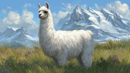 Naklejka premium Fluffy white camelid stands in a grassy alpine meadow with snowy peaks in the background
