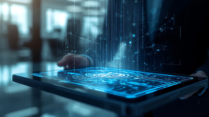 Futuristic digital data stream from tablet in a business hand