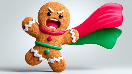 Gingerbread character with a vibrant red and green cape, striking a dynamic pose, expressing excitement and energy, perfect for festive themes and holiday celebrations