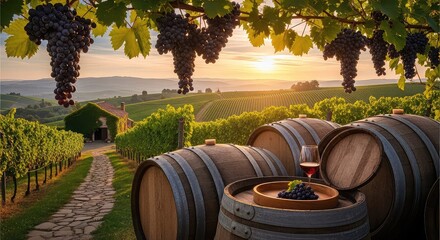 Picturesque vineyard scene at sunset with wine barrels, a glass of red wine, and ripe grapes hanging from vines.