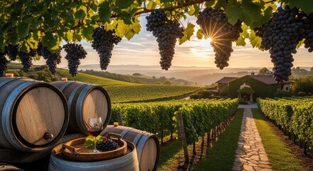 Picturesque vineyard at sunset with wine barrels, grapes, and a glass of red wine, showcasing a beautiful rural landscape.