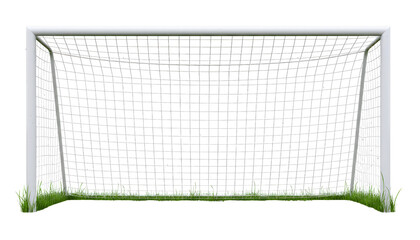 Soccer goal post with net and green grass isolated on white background