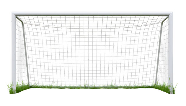 Soccer goal post with net and green grass isolated on white background