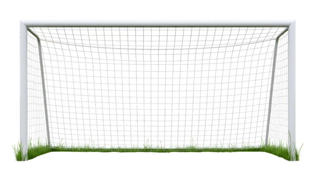 Soccer goal post with net and green grass isolated on white background