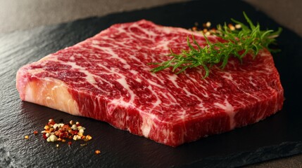 High-quality raw marbled beef steak on slate with seasoning and fresh greenery ready to be cooked for a delicious meal or grill preparation
