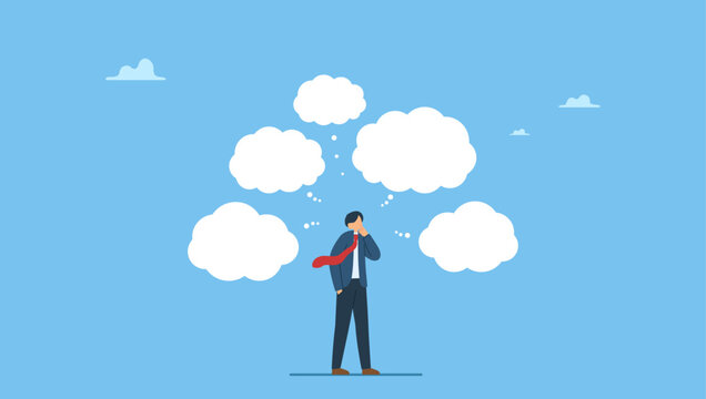 Businessman thinking with many thinking bubbles. Too many thinking ideas, overwhelmed issues or busy problem to be solved, contemplation solutions for troble, concerned or anxiety.