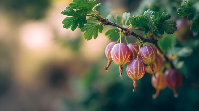 Captivating artistic close-up showcasing gooseberries on a curved branch against a gently dappled, warm summer background with an out-of-focus charm