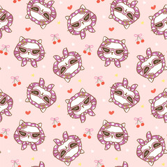 Cute Groovy Retro Girly Cat Face Seamless Pattern Cartoon Hand Drawn Repeat Background
