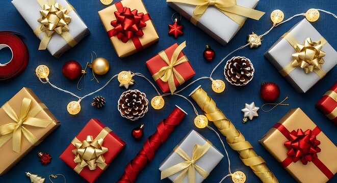 Festive christmas gifts, decor, string lights on blue texture