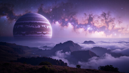 A vibrant purple planet over a purple galaxy nebula background. Cinematic cosmic fantasy.