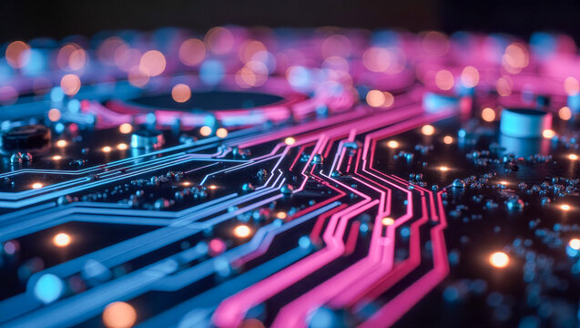 A futuristic abstract technology background with neon lights and glowing circuit lines