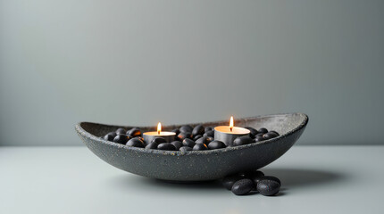 Two candles over black pebbles - tranquility, serenity Zen concept