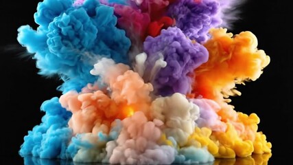 Witness a captivating abstract visual of vibrant, multi-colored clouds of powder or ink explosively bursting and expanding against a dark, reflective background. Hues of brilliant blue, fiery orange,  - Powered by Adobe