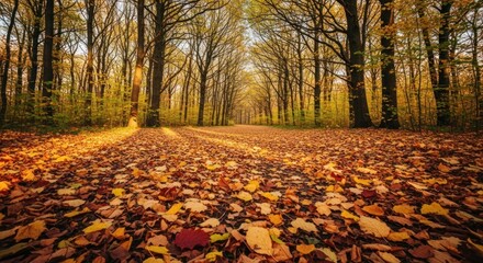 Enchanting Autumn Forest Path Blanket of Golden Leaves with Dappled Sunlight