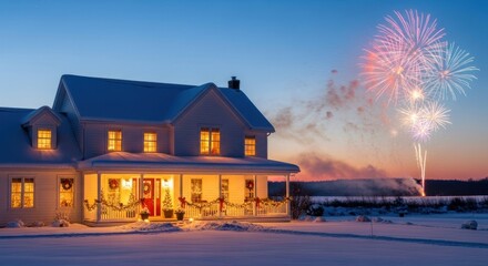 Festive White House in Snowy Winter Landscape with Christmas Lights and Dazzling Fireworks at Twilight