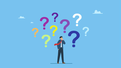Contemplation businessman thinking with question marks. Ask questions, FAQ, problem or curiosity, doubt and confusion to be answer, challenge and uncertainty, unknown information or solution.