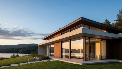 Architectural lake house with glass facade reflecting the sunset light and the calm blue sky