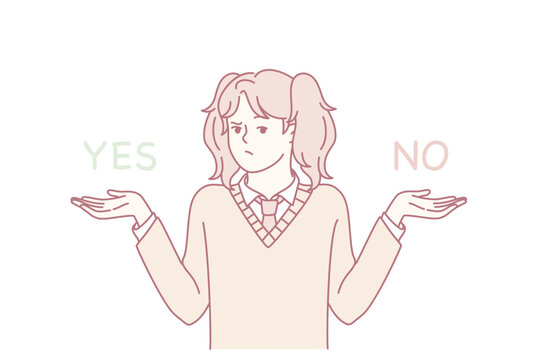 woman balancing yes and no options with shrugging palms, undecided expression, school uniform detail, subtle pastel palette, decision moment for voter or student facing dilemma