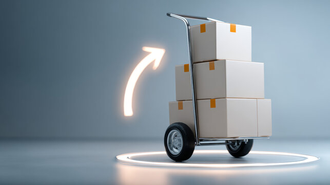 Stacked cardboard boxes on a hand truck with glowing circular base and upward arrow symbolizing growth and delivery progress