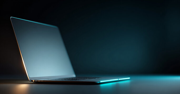 Sleek modern laptop with illuminated edges on dark background showcasing minimalist technology design and futuristic ambiance