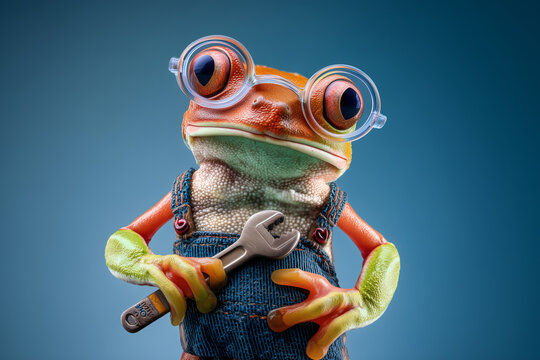Adorable frog mechanic ready to fix anything with a wrench, wearing glasses and overalls against a blue backdrop for a fun, quirky concept