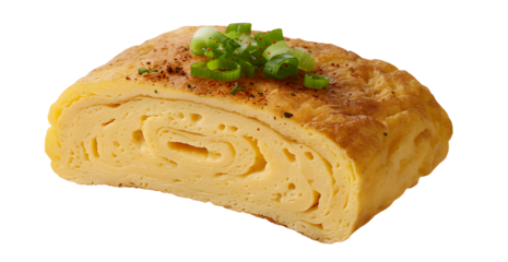 Sliced japanese rolled omelet or tamagoyaki with chopped green onion topping
