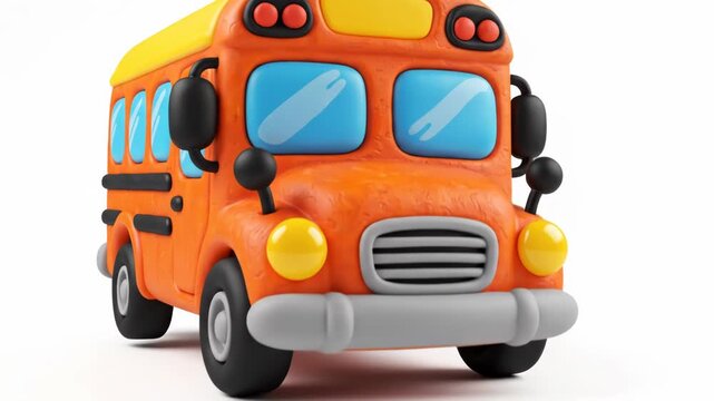 Cute orange and yellow school bus toy made of clay or plasticine isolated on white background