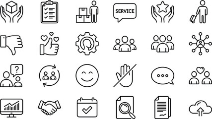 Customer Service, Business Meeting, Feedback, Document Search, HR Management, and Social Connection Outline Line Icons
