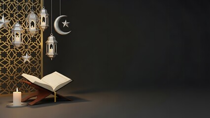 Elegant ramadan kareem background with lanterns quran and crescent moon