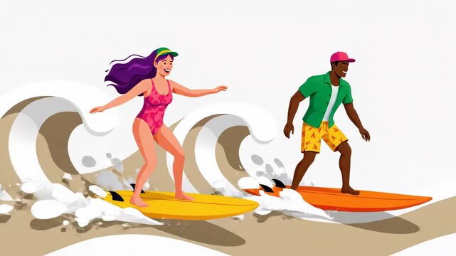 Happy diverse couple surfing together on ocean wave with surfboard illustration