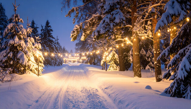 A snow-covered path winds through a serene forest, illuminated by festive string lights overhead.