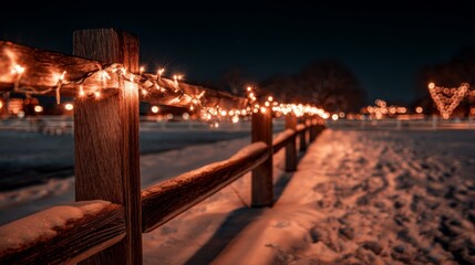 Obraz premium Twinkling Christmas Lights on a Snow-Covered Fence in a Peaceful Winter Night Setting with Bokeh Backgrounds and Cozy Atmosphere